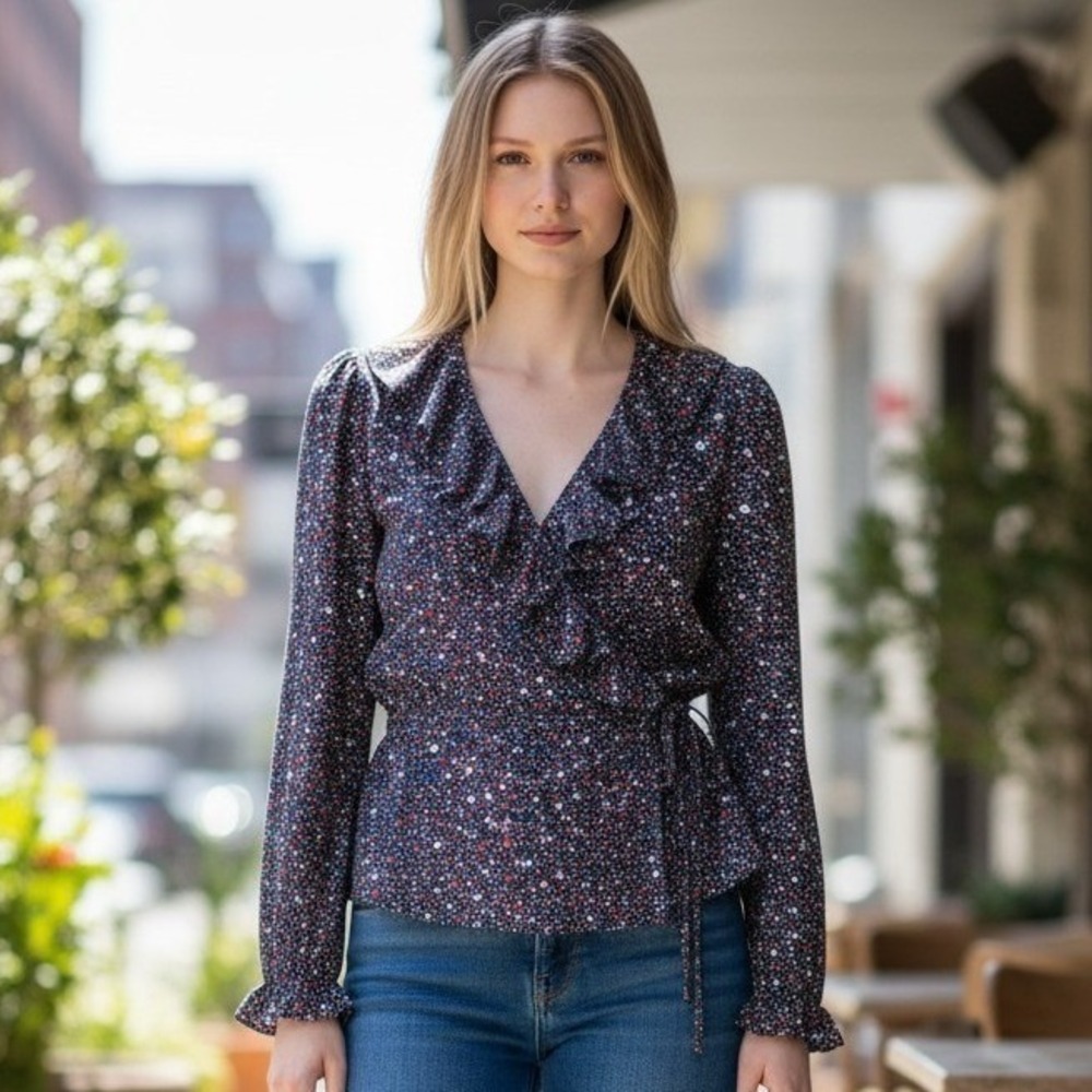 Madewell Womens Silk Star Print Ruffle Wrap Peplum Blouse Navy Blue Small